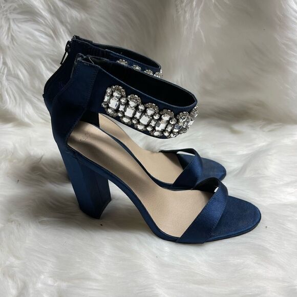ASOS satin Navy blue Block heels ankle strap sandals with Rhinestones accent SZ7 - Picture 2 of 7